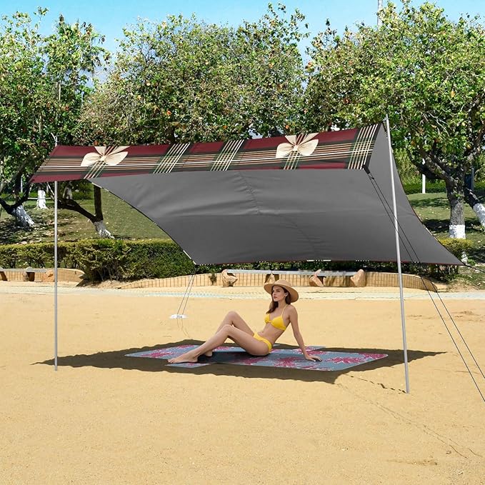 ALAZA Red Grid Bows Pattern Beach Tent Sun Shelter Portable Canopy Sunshade for Outdoor Camping Picnics Backyard Fun 10x9 ft