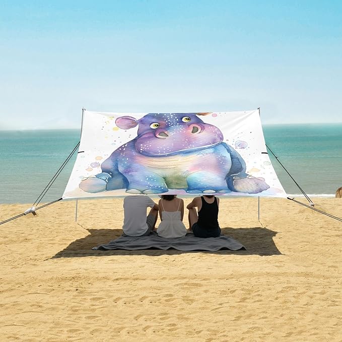 ALAZA Watercolor Hippo Hippopotamus Beach Tent Sun Shelter UPF50+ Protection Beach Shade Canopy w/ 4 Sandbags for Outdoor Camping Fishing Backyard Fun Picnic 10x9 ft