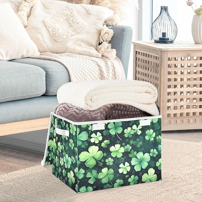 senya St. Patrick's Day Baskets Collapsible Storage Bins with Lids St Patricks Clover Leaves Storage Boxes Clothes Baskets for Organizing