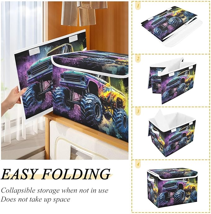 Watercolor Monster Truck Storage Cube Bins Basket with Lid Collapsible Flip-top Fabric with Handle for Home Bedroom Closet Office 16.5×12.6×11.8 in