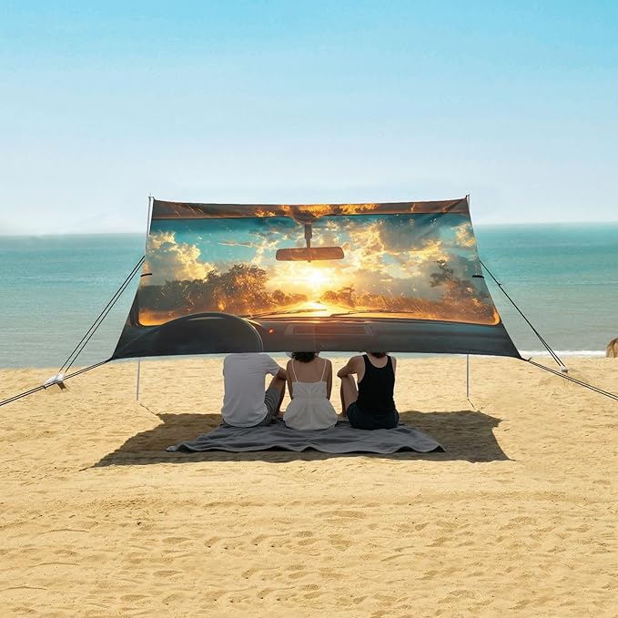 Car Window Outside Sunrise View Beach Tent Sun Shelter Set UPF50+ UV Protection 10.5 x 9.19 FT Camping Shade Canopy with Sandbags Sand Anchors Carrying Bag and Others