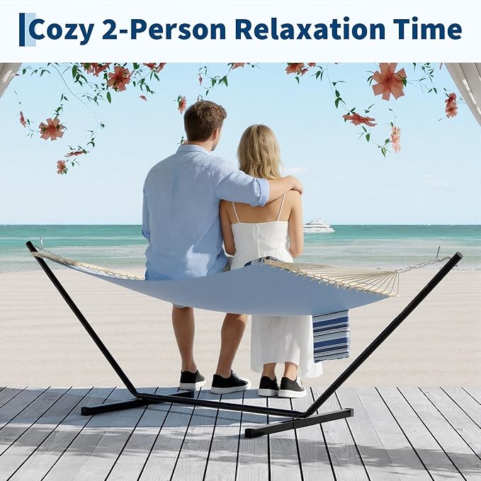Hammocks 12 FT Double Quilted Fabric Hammock with Spreader Bar and Detachable Pillow 2 Person Hammock for Outdoor Patio Backyard Poolside 450lbs Weight Capacity