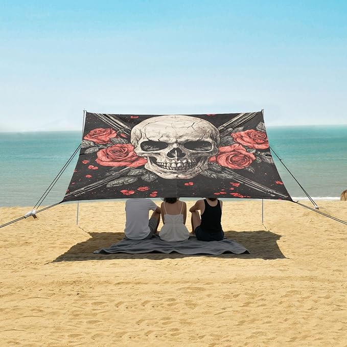 ALAZA Skull Crossed Guns and Roses Beach Tent Sun Shelter Portable Canopy Sunshade for Outdoor Camping Picnics Backyard Fun 10x9 ft