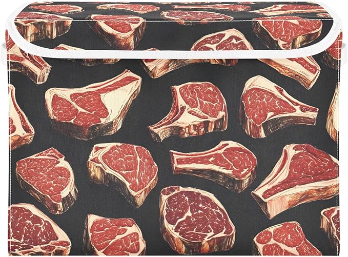 AIXIWAWA Lidded Storage Cube (Meat Pattern) Fabric Foldable Closet Bins with Flip Lid and Handles Organizer Basket Container 16.5 x 12.6 x 11.8 IN