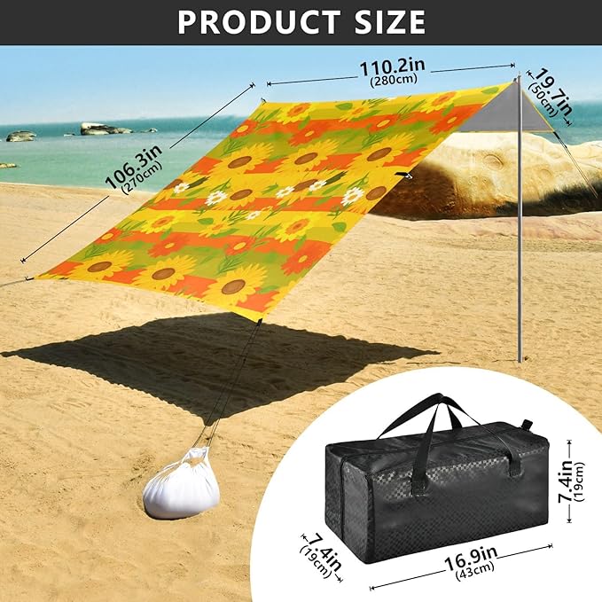 Beach Canopy with Windproof Ropes &amp Sandbags Beach Tent Sun Shade Sun Shelter for Camping Trips Fishing Backyard Fun or Picnics Sunflowers
