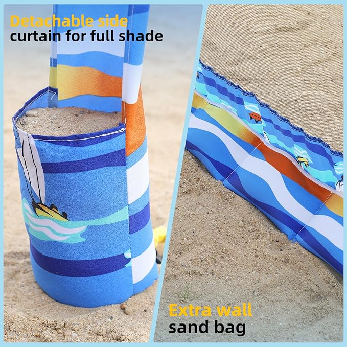 Jihfmo Beach Cabana 6.2'×6.2' Beach Canopy with Side Wall UPF 50+ UV Protection Easy Setup Tent Sun Shelter with Sand Pockets for Whole Family(Summer Sailboat)