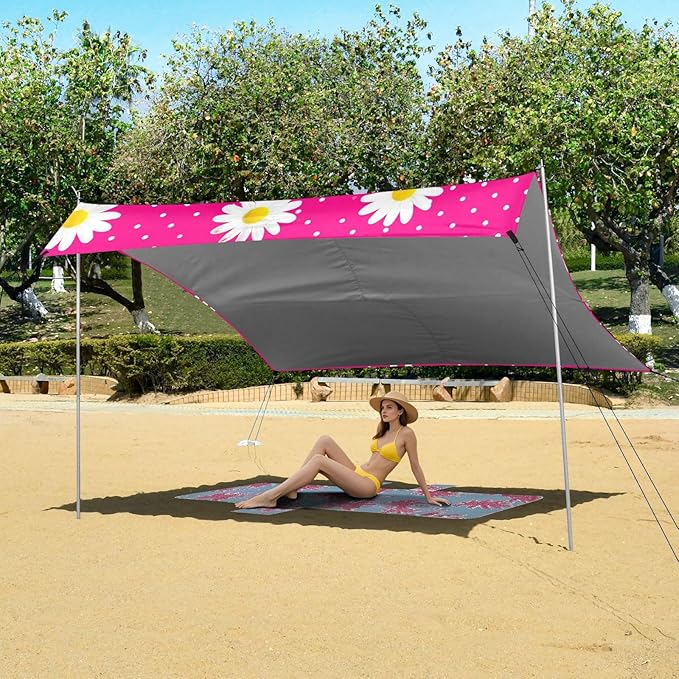 Beach Canopy with Windproof Ropes &amp Sandbags Beach Tent Sun Shade Sun Shelter for Camping Trips Fishing Backyard Fun or Picnics Daisy