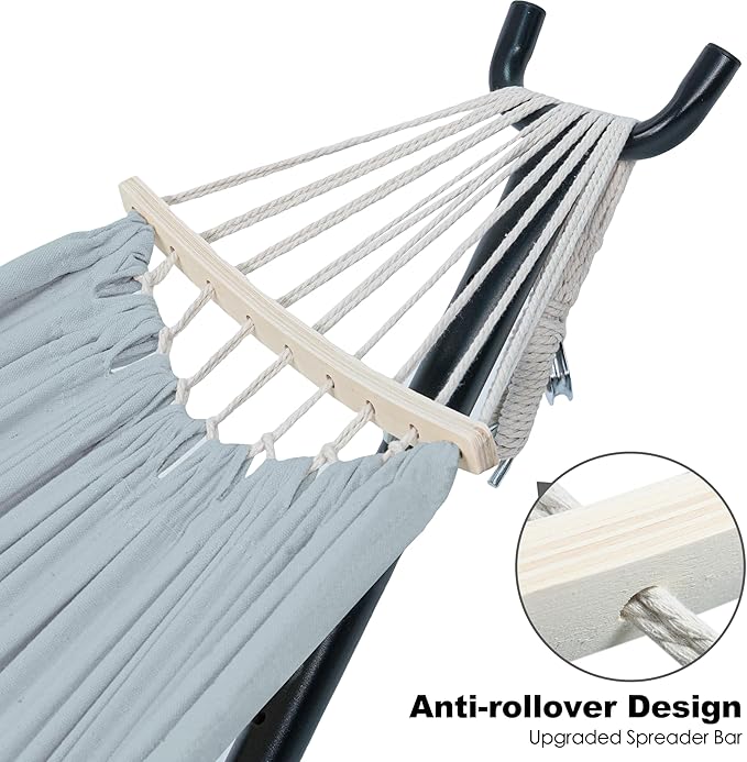 Gafete Double Hammock with Stand for Outside Upgraded Spreader Bar Heavy Duty Space Saving Steel Stand 2 Person Side Pockets Easy Assembly 600lbs Weight Capacity Indoor &amp Outdoor (Light Grey