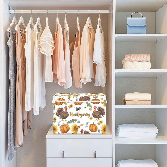 Storage Bins with Lids Storage Containers Box Organizer Bin Basket with Handles for Closet Shelves Clothes Stackable Foldable Decorative Thanksgiving Turkeys Sunflowers White