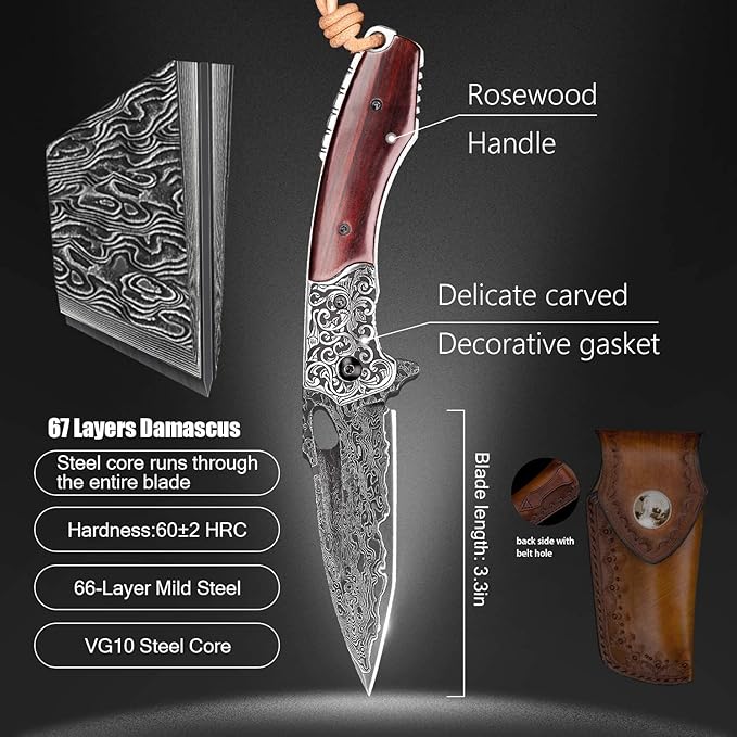 forging handmade vg10 damascus steel folding kniferosewood handle leather sheathedc pocket knives for men outdoors camping fishing