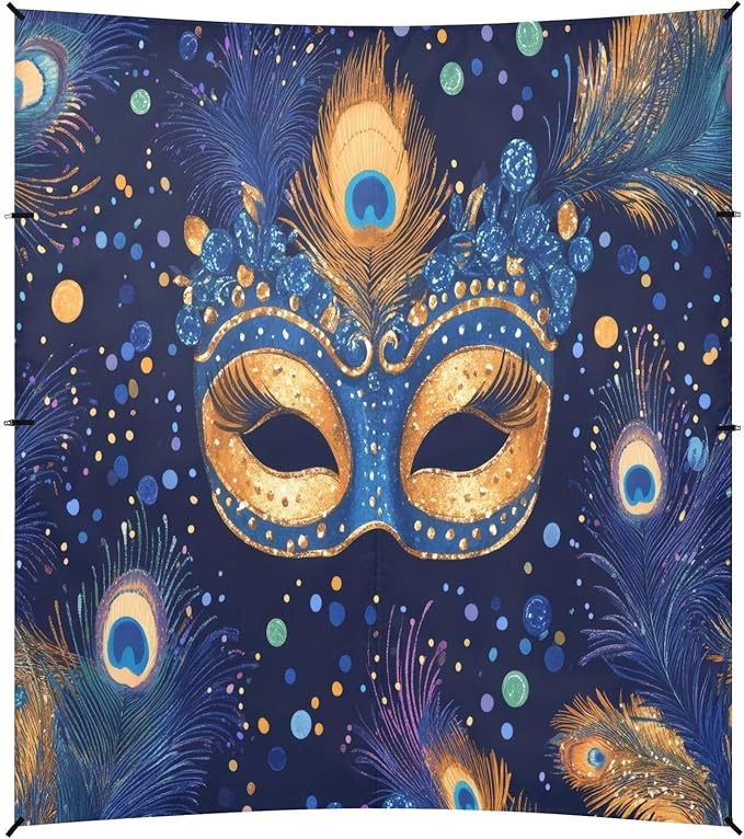 Mardi Gras Peacock Feather Mask Beach Tent Sun Shelter Set UPF50+ UV Protection 10.5 x 9.19 FT Camping Shade Canopy with Sandbags Sand Anchors Carrying Bag and Others