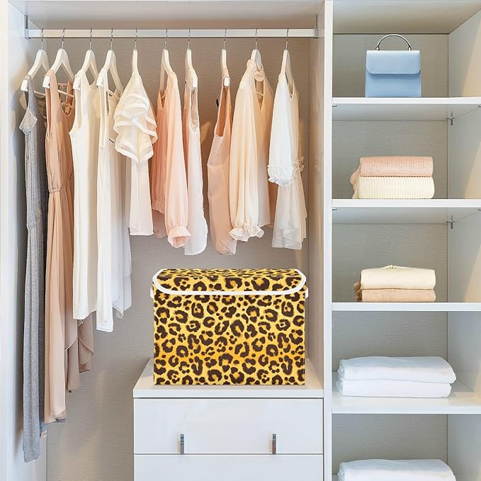 Collapsible Storage Bins with Lids Decorative Fabric Storage Cubes Closet Organizer and Storage Basket Boxes Containers for Clothes Box Chest Folding Rectangle Leopard Print Yellow