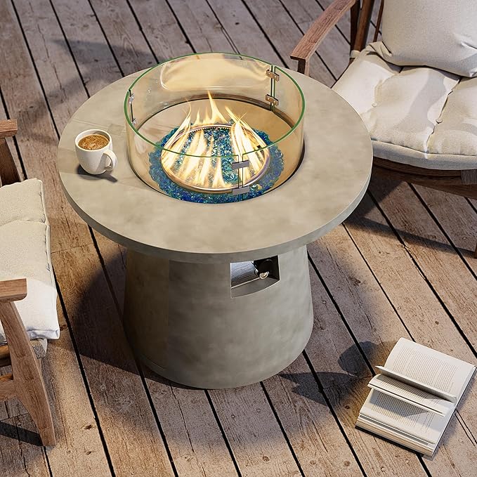HOMPUS Outdoor Propane Fire Pit 31-inch Round Gray Propane Fire Pit with 10 lbs Aqua Blue Fire Glass 40000 BTU Gas Smokeless Fire Pit Table Patio Concrete Firepit with Rain Cover