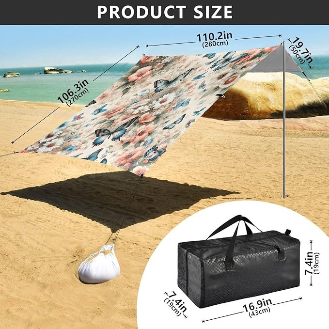 Artistic Butterfly Flowers Beach Tent Sun Shelter Set UPF50+ UV Protection 10.5 x 9.19 FT Camping Shade Canopy with Sandbags Sand Anchors Carrying Bag and Others