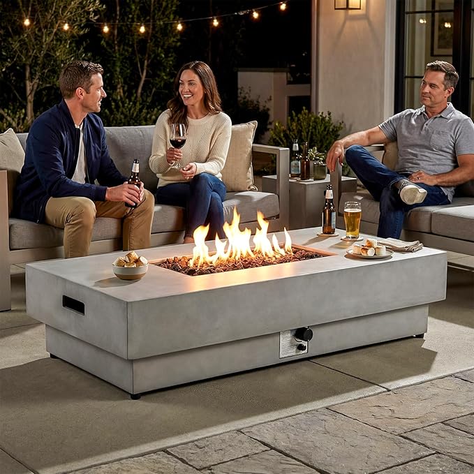 60-inch Outdoor Propane Fire Pit Coffee Table with Tank Cover 50000 BTU Concrete Rectangle Modern Outside Fire Table Auto-Ignition Included Lava Rocks Metal Lid &amp Waterproof Cover
