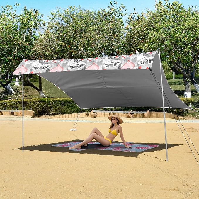 ALAZA Cute Raccoon Heart Cartoon Beach Tent Sun Shelter UPF50+ Protection Beach Shade Canopy w/ 4 Sandbags for Outdoor Camping Fishing Backyard Fun Picnic 10x9 ft