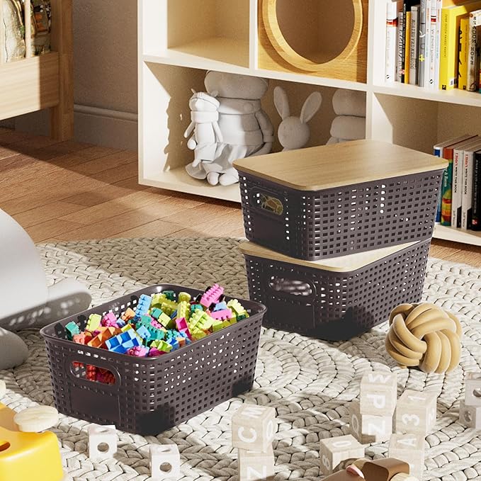 6Pcs Storage Bins with Lids Stackable Plastic Storage Basket with Bamboo Lid Pantry Organizer Box Small Containers for Organizing Shelves Drawer Desktop Closet Cabinet Office Classroom 10x7.1x4.1in