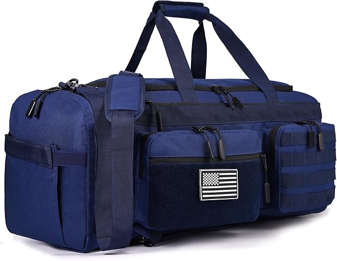 LHI 50L Tactical Duffle Bag for Men 3-in-1 Gym Duffle and Backpack Shoe Compartment Laptop Sleeve and MOLLE Carry-On Travel Weekender and Overnight Bag – Blue