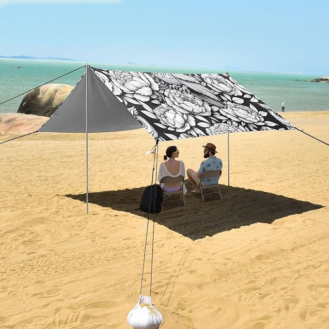 Owl with Peony Flowers Beach Tent Sun Shelter Set UPF50+ UV Protection 10.5 x 9.19 FT Camping Shade Canopy with Sandbags Sand Anchors Carrying Bag and Others