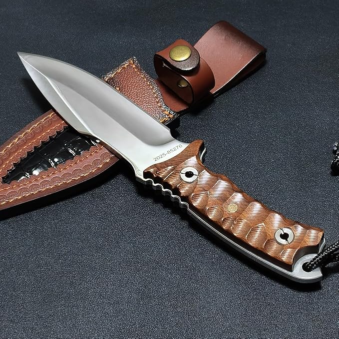 Fixed Blade Hunting Knife 10.6 Full Tang Survival Knife with 9Cr15MoV Steel Blade Heavy Duty Outdoor Knife with Window Breaker Non-Slip Extended Tang Leather Sheath for Survival Camping Hiking