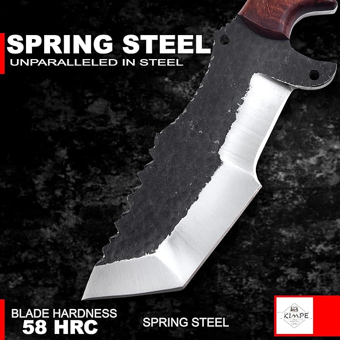 KIMPE Premium Hunting Knife – Spring Steel Fixed Blade Razor Sharp Outdoor Survival Knife with Rose Wood Handle &amp Leather Sheath Bushcraft Camping Skinning Knife Gift for Men.(Spring Steel &amp