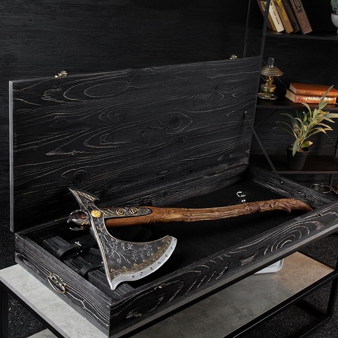 AncientSmithy Leviathan Axe Metal Replica with Glow-in-The-Dark-Runes - Hardened High Carbon Steel Blade - Leather Sheath - Hand Carved Handle