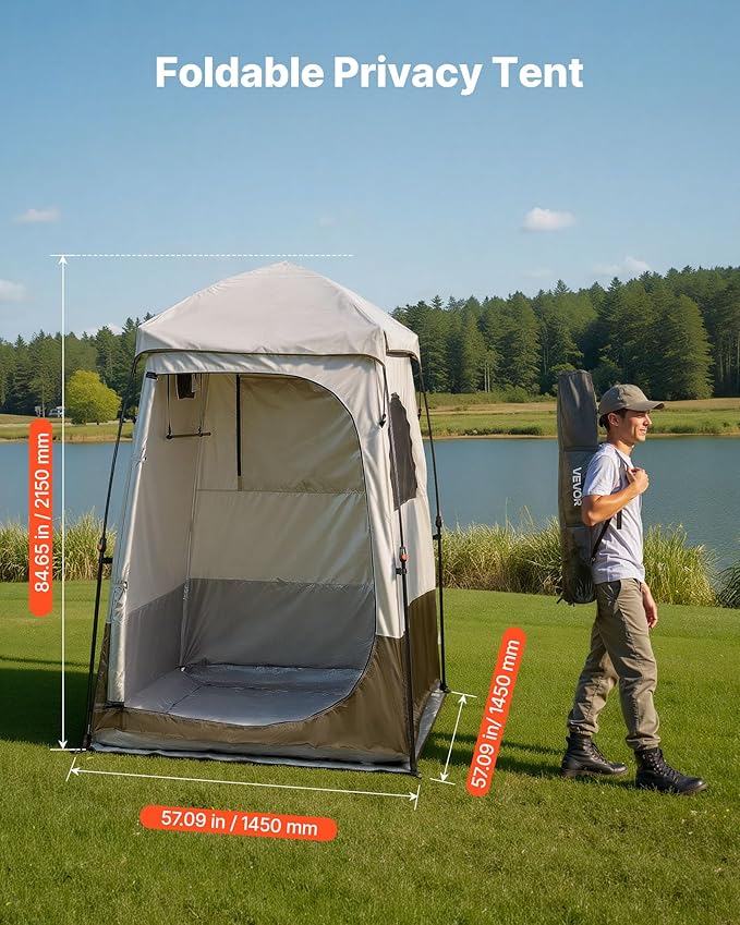 VEVOR Camping Shower Tent 1 Room Foldable Privacy Tent Changing Room with Ground Stakes Ropes Carry Bag and Crossbar 210D Oxford Fabric with Silver Coating for Camping Beach and Fishing