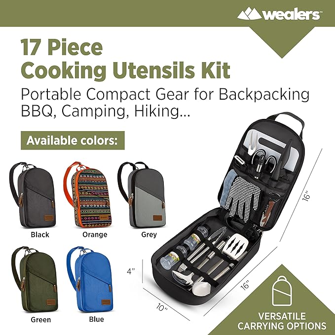 Wealers Camp Kitchen Cooking Utensil Set Travel Organizer Grill Accessories Portable Compact Gear for Backpacking BBQ Camping Hiking Travel Cookware Kit Water Resistant Case