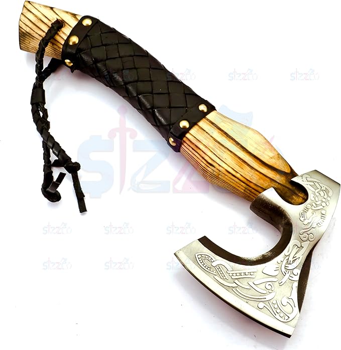 Custom Forged Carbon Steel Viking Style Bearded Axe - Real Hatchet Throwing &amp Camping Axe with Leather Wrap Best Gift for Anniversary Valentine's Day Birthday with Premium Leather Sheath