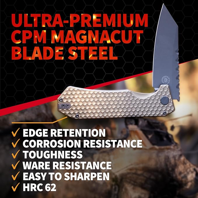 Off-Grid Knives - MAMBA V3 Large EDC Knife with MagnaCut Blade Steel Titanium Scales and Hardware Manual Ball Bearing Flipper Four Finger Grip Deep Pocket Carry (Coyote Gold)