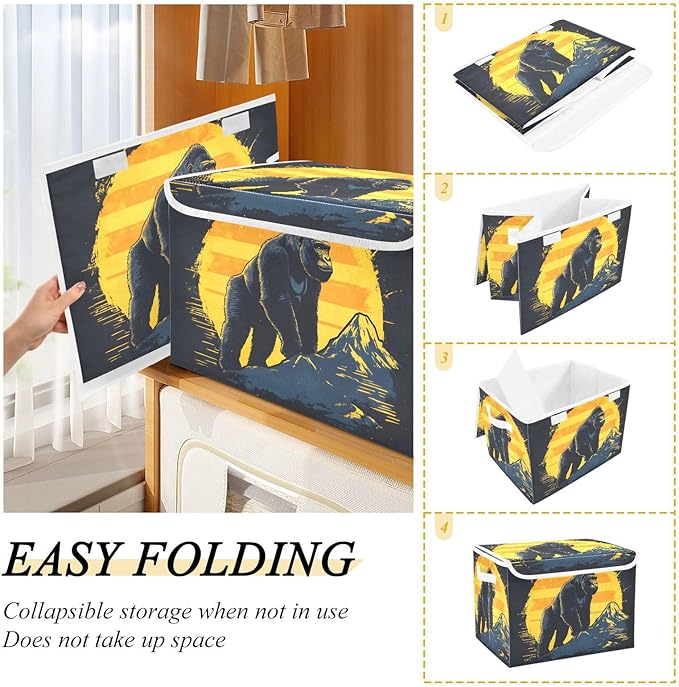 Gorilla Poster Storage Cube Bins Basket with Lid Collapsible Flip-top Fabric with Handle for Home Bedroom Closet Office 16.5×12.6×11.8 in