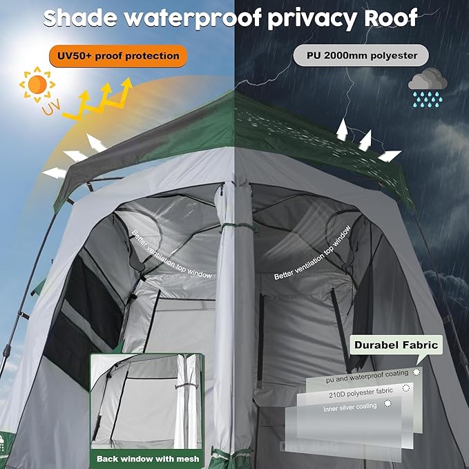 Camping Shower Tent Deluxe Changing Room Easy Set Up Privacy ShelterLarge Toilet Tent with Floor Drain Design for Beach CampingHiking with Stakes and Ropes for Stability
