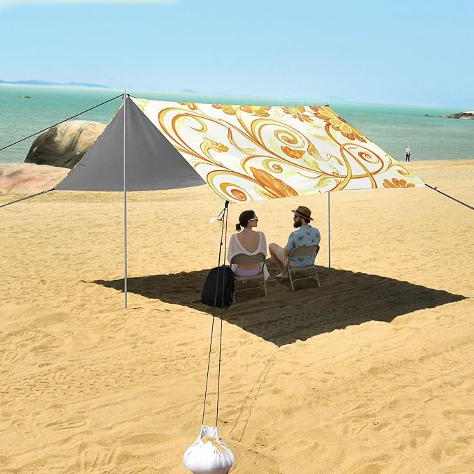 Beach Canopy with Windproof Ropes &amp Sandbags Beach Tent Sun Shade Sun Shelter for Camping Trips Fishing Backyard Fun or Picnics Flowers