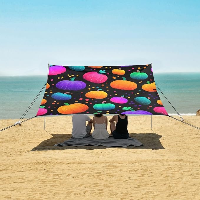 ALAZA Colorful Pumpkins Polka Dots Pattern Beach Tent Sun Shelter UPF50+ Protection Beach Shade Canopy w/ 4 Sandbags for Outdoor Camping Fishing Backyard Fun Picnic 10x9 ft