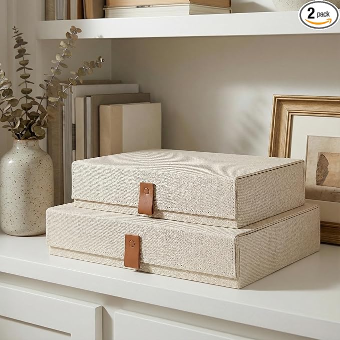 Decorative Photo Storage Boxes with Lids - Set of 2 Beautiful Linen Organizers Are Perfect to Safely Store Your Pictures Documents Scrapbooking Supplies Keepsakes and Other Memories in Style