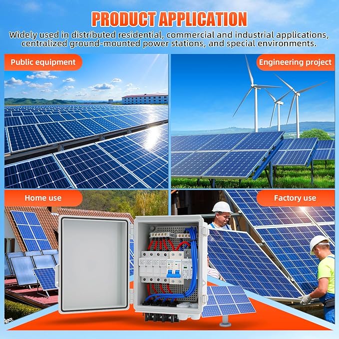4 String Solar Combiner Box IP65 Waterproof PV Combiner Box with 20A Rated Current Fuse 63A Air Circuit BreakerLightning Arrester for On/Off Grid Solar Panel System