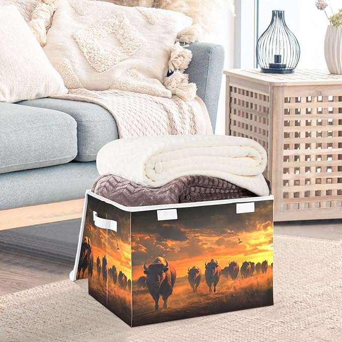 AIXIWAWA Lidded Storage Cube (Herd Of Bison) Fabric Foldable Closet Bins with Flip Lid and Handles Organizer Basket Container 16.5 x 12.6 x 11.8 IN