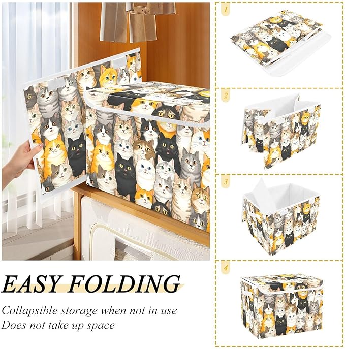 Storage Cube with Lid Cats Portrait Print 16.5×12.6×11.8 IN Collapsible Large Capacity Foldable Storage Basket Bin Organizer