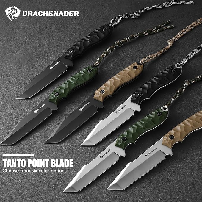 DRACHENADER Tanto Fixed Blade Knife with Sheath Tactical Knife for Men Survival Full Tang Design (E-Full Black)