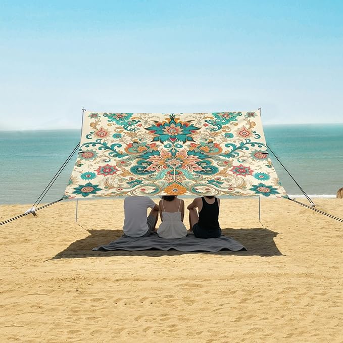Indian Floral Beach Tent Sun Shelter Set UPF50+ UV Protection 10.5 x 9.19 FT Camping Shade Canopy with Sandbags Sand Anchors Carrying Bag and Others