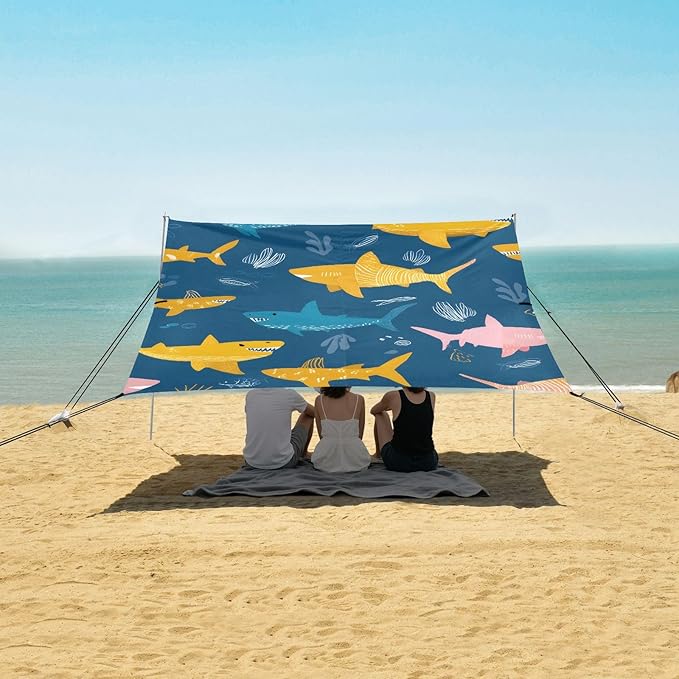 ALAZA Shark Patter Beach Tent Sun Shelter Portable Canopy Sunshade for Outdoor Camping Picnics Backyard Fun 10x9 ft