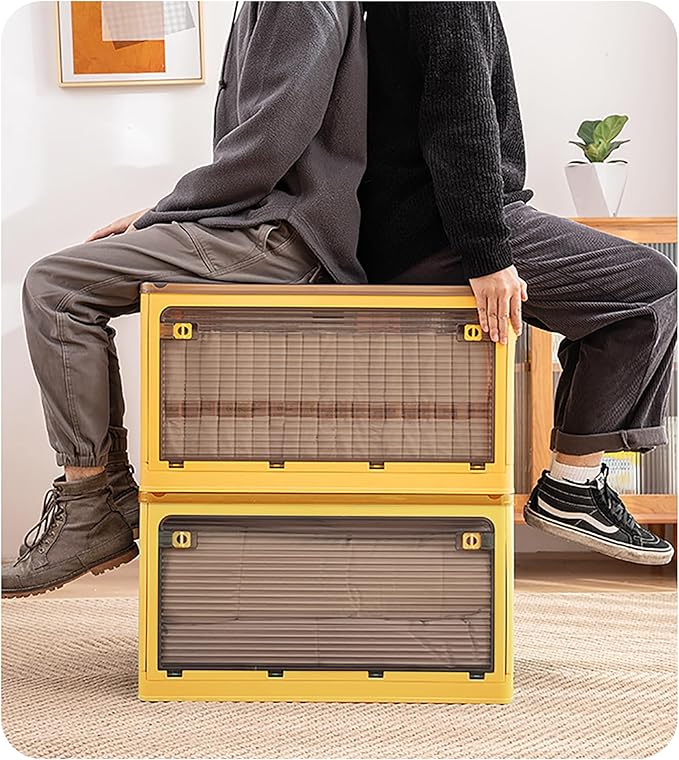 Folding Storage Bins 28 Liters 2 Pcs Yellow Plastic Storage Containers with Wheels Four Doors Foldable Stackable Plastic Box with Lids for Organization Storage Cart