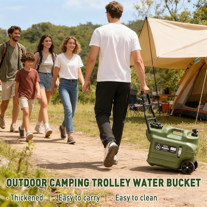 7.4 Gallon Water Jug 28L Portable Water Container with Wheel &amp Pull Handl Spigot Cleaning Brush Detachable Hose &amp Extra Lid BPA-Free Camping Hydration Canteen Outdoor Tank Storage PE - G