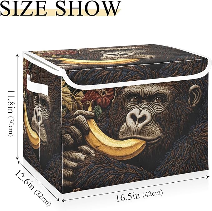 Funny Gorilla Storage Cube Bins Basket with Lid Collapsible Flip-top Fabric with Handle for Home Bedroom Closet Office 16.5×12.6×11.8 in