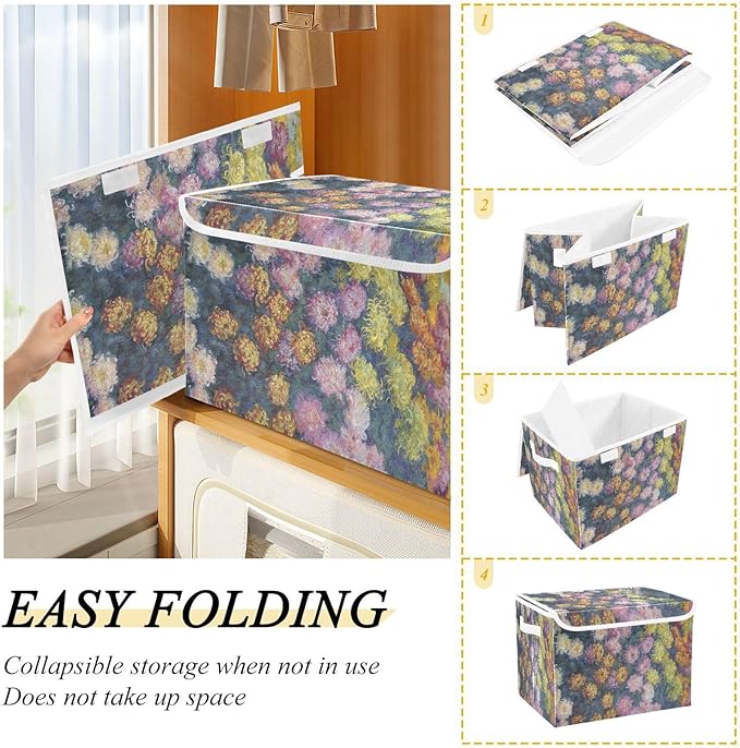 Storage Bins With Lid Stackable Fabric Closet Organizer Clothing Storage Large Boxes For Closet Shelves Bedroom Chrysanthemums Flower Monet