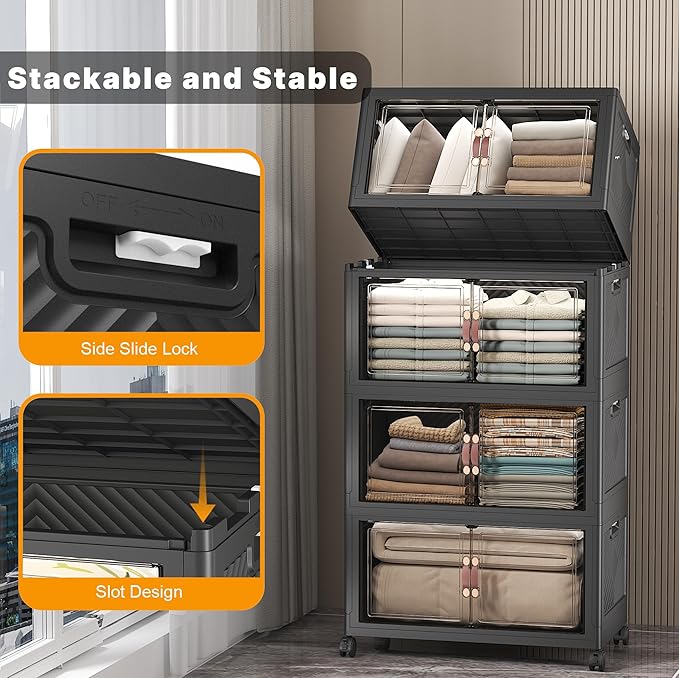 UAMFURI Stackable Storage Bins with Lids &amp Wheels &amp Door Foldable Collapsible Closet Organizers Extra Large Plastic Storage Drawers for Bedroom Dorm Office Garage (Dark-120qt 4Pack with 1 t