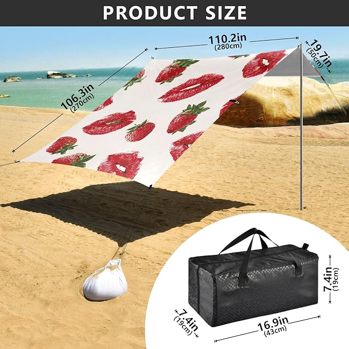 ALAZA Red Lips Strawberry Pattern Beach Tent Sun Shelter Portable Canopy Sunshade for Outdoor Camping Picnics Backyard Fun 10x9 ft