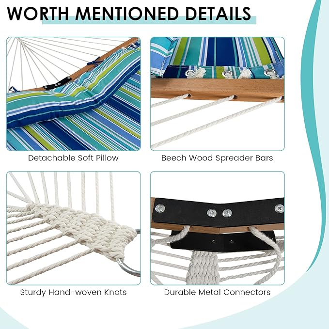 Tangkula 10.5FT Double Hammock Heavy Duty Outdoor Hammock with Curved Spreader Bars Detachable Pillow 2 Person Hammocks for Outside Porch Patio (Stand is not Included) (Blue+Green)