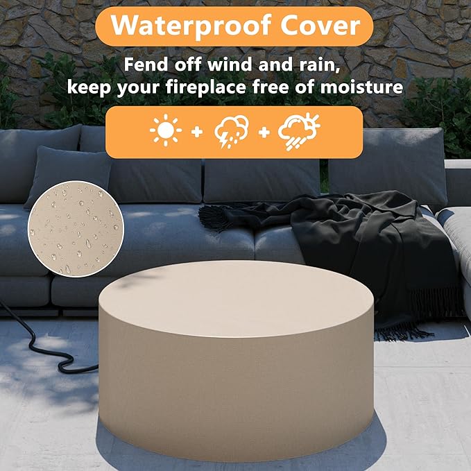 32 inch Round Propane Fire Table 50000 BTU Gas FirePit Patio Fire Pit Table with Steel Lid Rain Cover 10ft Propane Hose Lava Rocks Grey