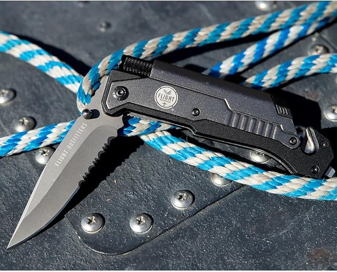 Flight Outfitters Pilot Survival Knife | Versatile Compact Durable Folding Pocket Knife with Stainless Steel Blade LED Flashlight Fire Starter Seat Belt Cutter &amp Window Breaker